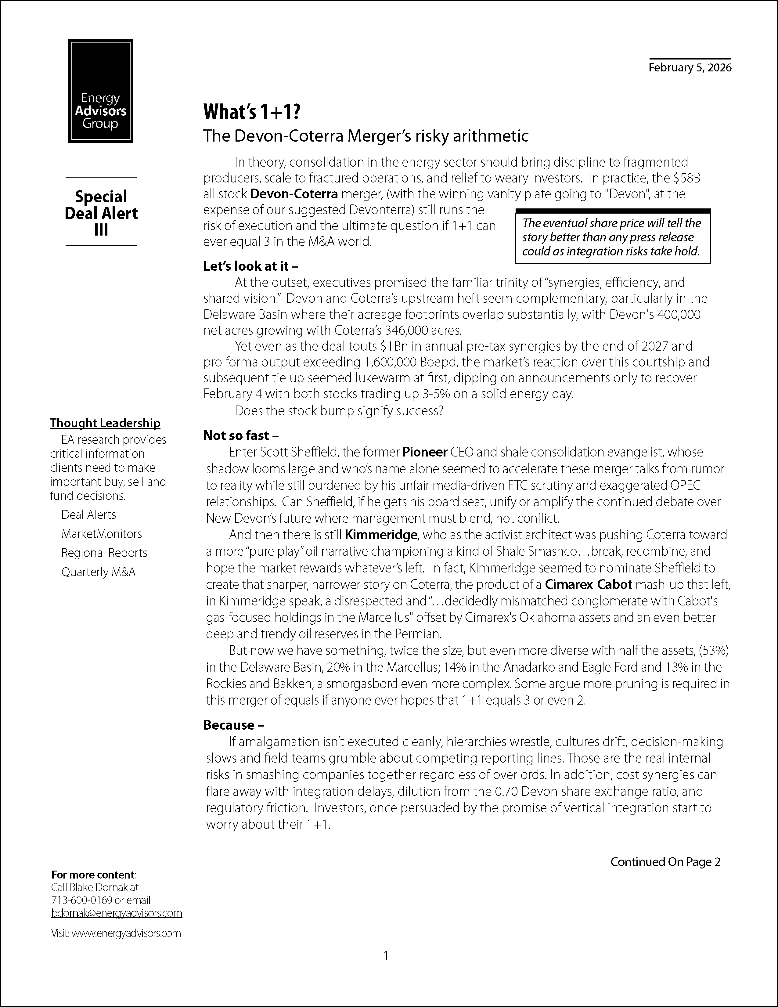 DEAL ALERT (DEVON+COTERRA) - Energy Advisors Group DEAL ALERT (DEVON+COTERRA)